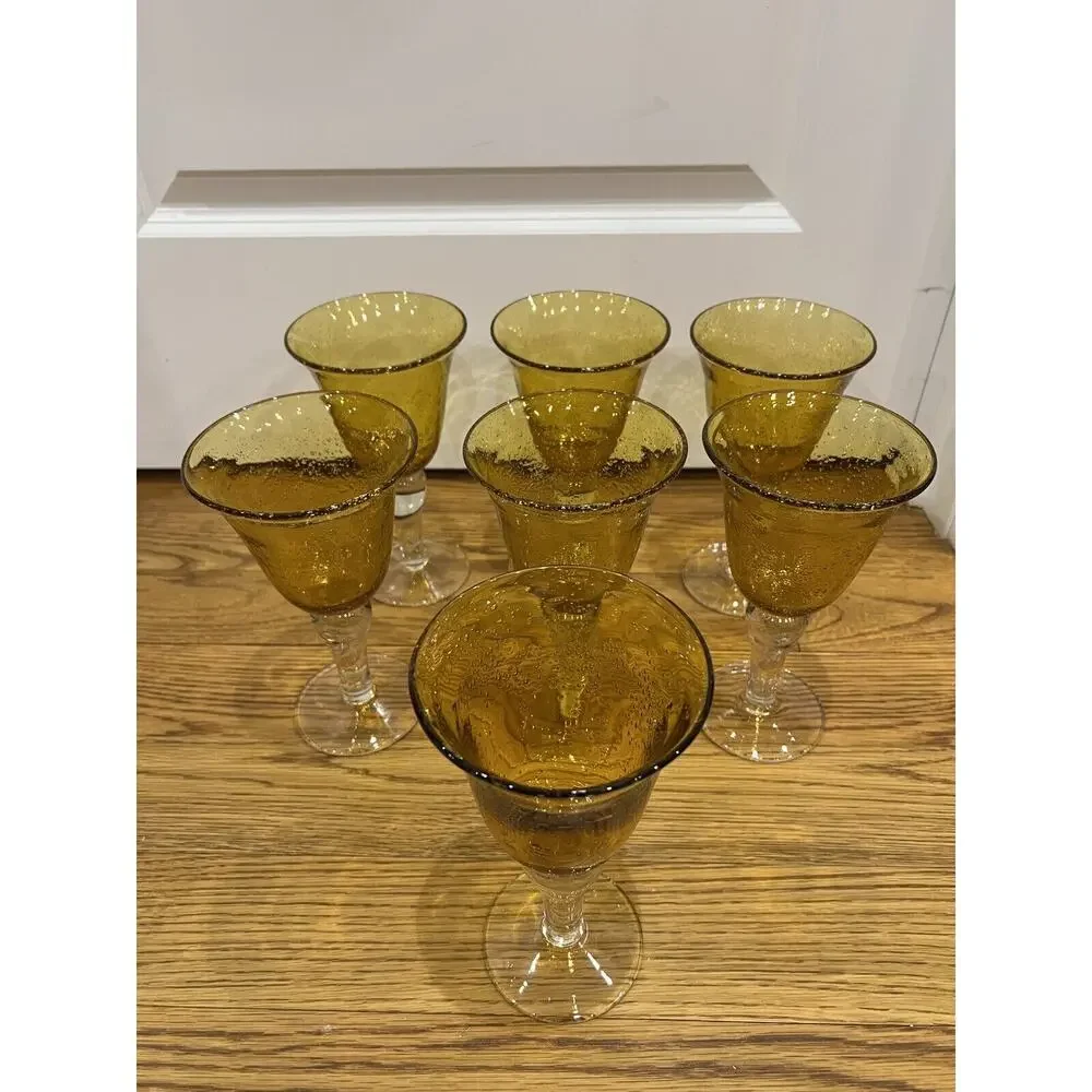 Artland Water Goblets Iris Citrine Amber Set Of 6 Bubbled Bowl Clear Stem‎